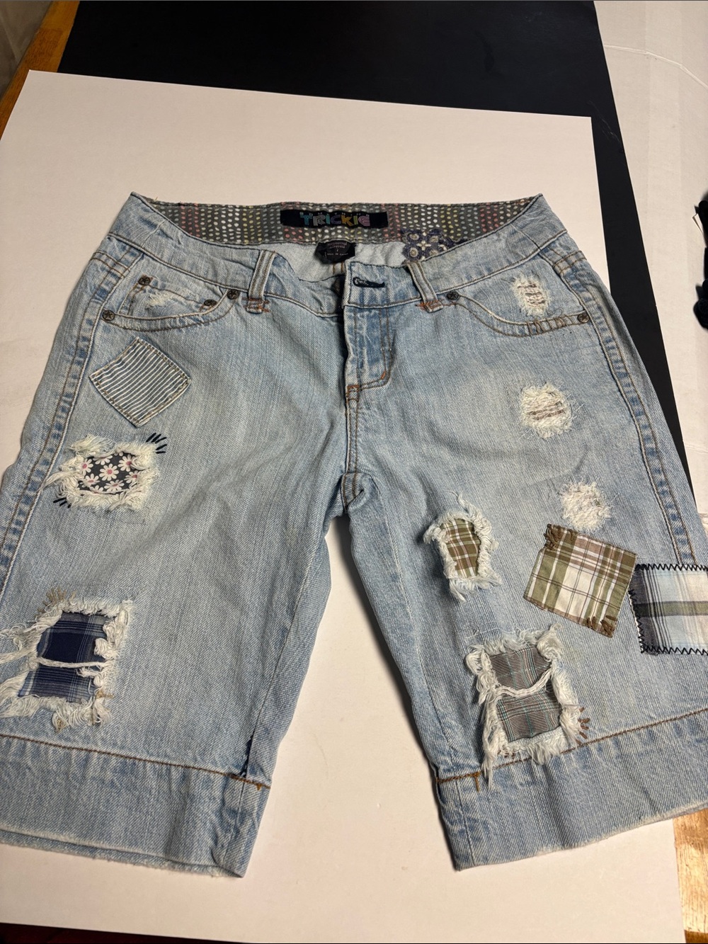 Y2K Light Blue Patchwork Distressed Women's Denim Bermuda Shorts